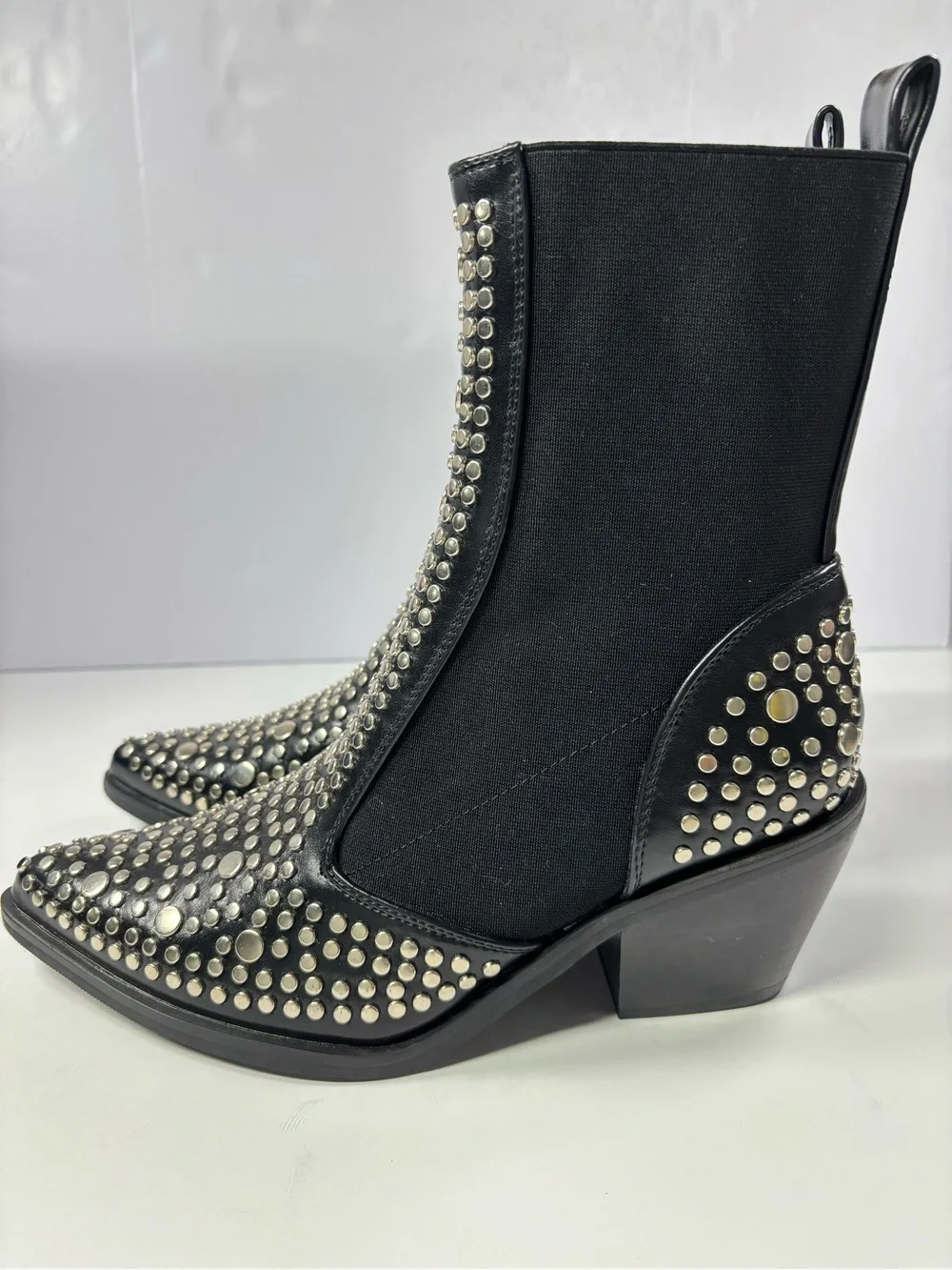 ✨Sergio Todzi Women’s Black Studded Ankle Boots Pointed Chelsea Cowboy Size 38